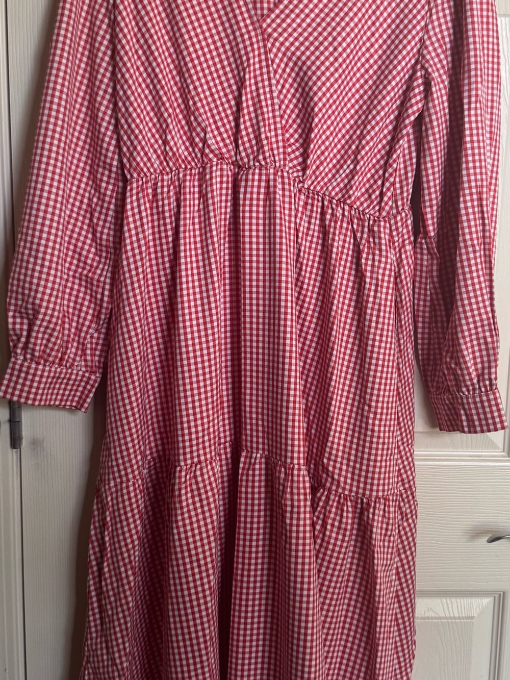 NWT Red Gingham Tiered Maxi Dress, Size XL, Fall Dresses - Picture 4 of 7